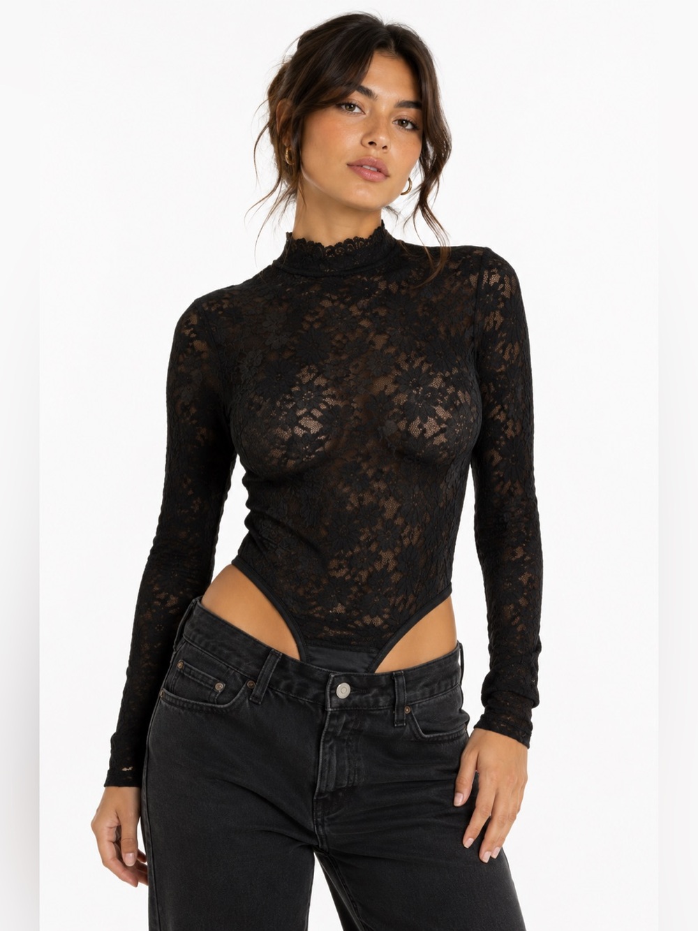 60s/70s European Vintage Floral Lace Long Sleeve Bodysuit High Neck (Black) S/M